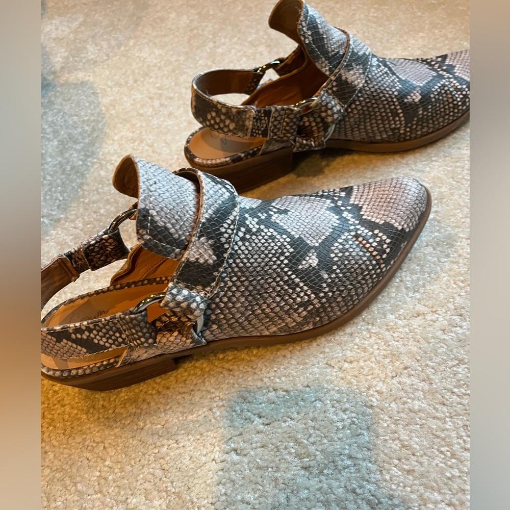 Snakeskin mule.  Strap in back. Excellent condition.